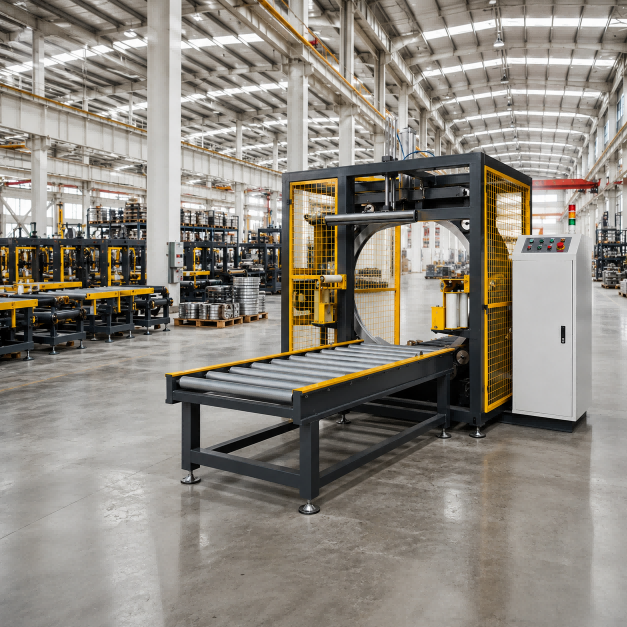 Horizontal orbital wrapping machine for long and bundled products