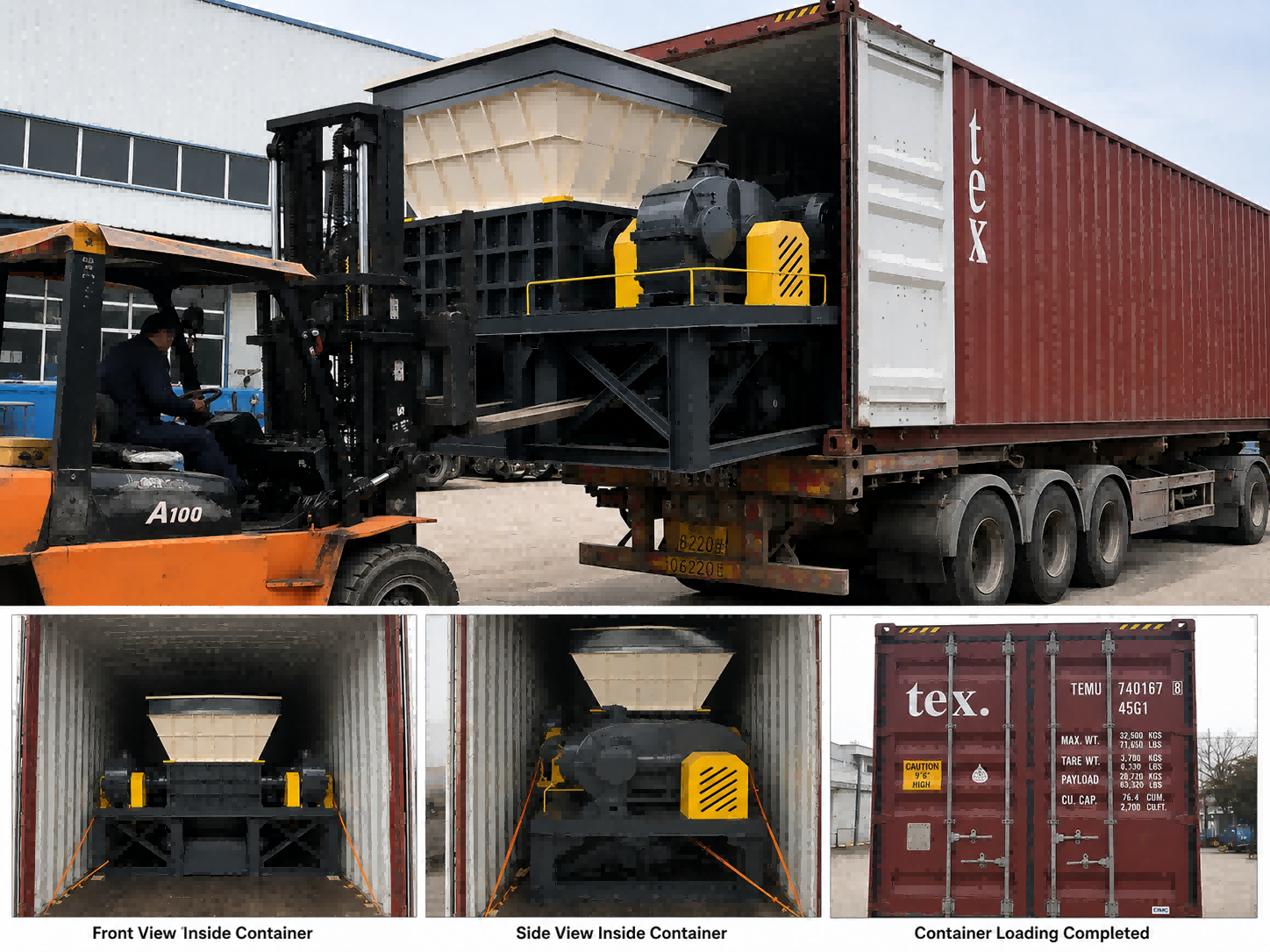 Heavy-duty shredder container loading and export preparation